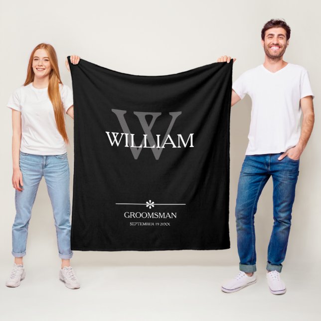 Groomsman Gift Name Date Elegant Chic Cozy Black  Fleece Blanket (In Situ)