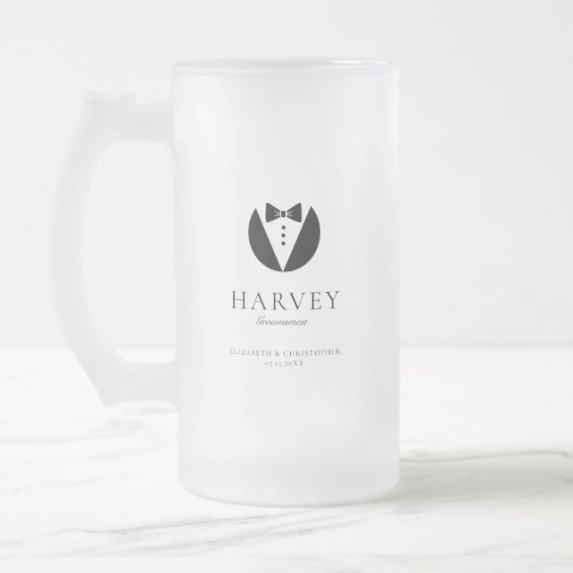 Groomsman Gift Simple Bow Tie Minimal Frosted Glass Beer Mug (Left)