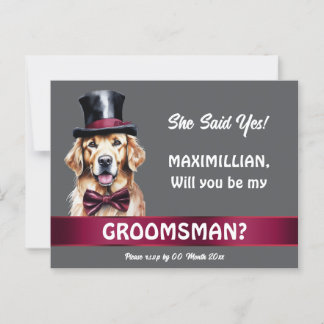 Groomsman golden retriever grooms proposal wedding postcard