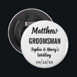 Groomsman Modern Bachelor Party Wedding Gift Bottle Opener<br><div class="desc">This modern typography bottle opener makes a perfect bachelor party or wedding gift for your groomsmen!  Customize with the name of your groomsman,  the names of the people getting married,  and your wedding date.  The background color of the bottle opener can be changed to fit your preference.</div>