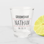 Groomsman Modern Red Black Typography Monogram Shot Glass<br><div class="desc">This cool and modern Groomsman typography shot glass design is the perfect gift for the Groom's bridal party. It features simple red line separators and black typography with a personalized date and monogram name. Customize the text color by clicking the "customize" button to access more options. ***IMPORTANT DESIGN NOTE: For...</div>