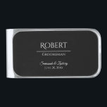 Groomsman Money Clip Wedding Favor or Gift<br><div class="desc">These money clips are designed as favors or gifts for groomsmen, your best man, or other members of the wedding party. They feature a silver plated body with a black front with white text including the name of your groomsman, the title (groomsman, best man, father of the bride, etc) the...</div>
