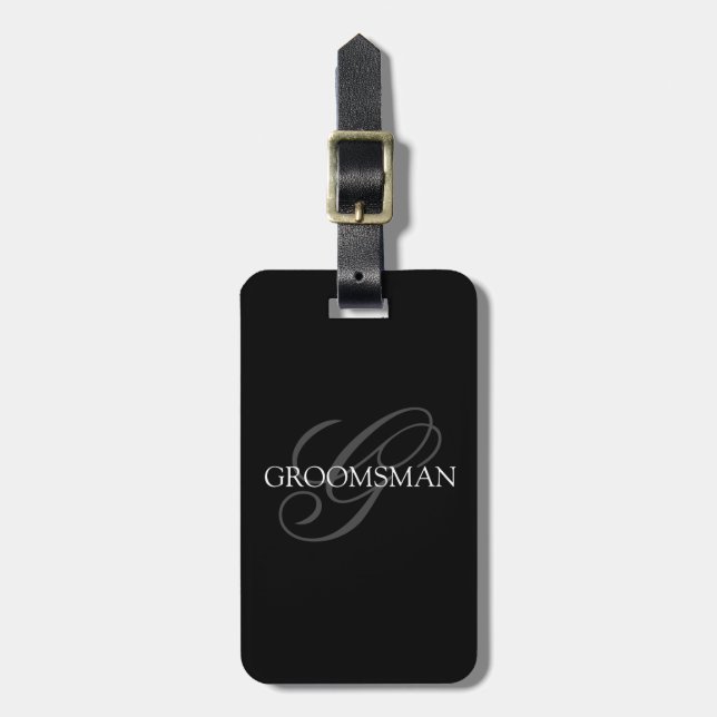Groomsman Monogram Black Grey Luggage Tag (Front Vertical)