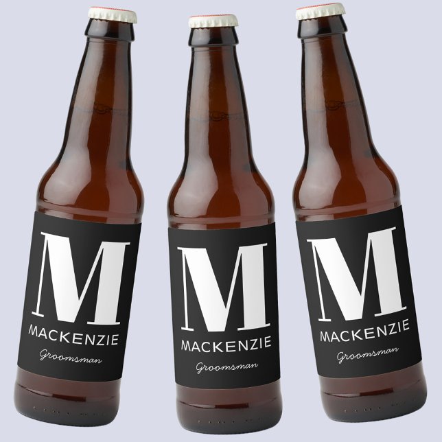 Groomsman Monogram Name Black Beer Bottle Label (Modern monogram initial name groomsman black beer bottle labels)