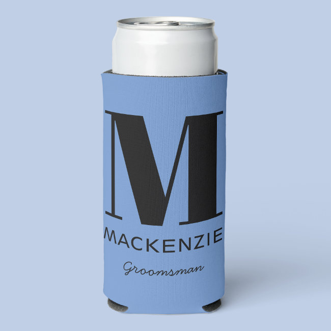 Groomsman Monogram Name Blue Seltzer Can Cooler