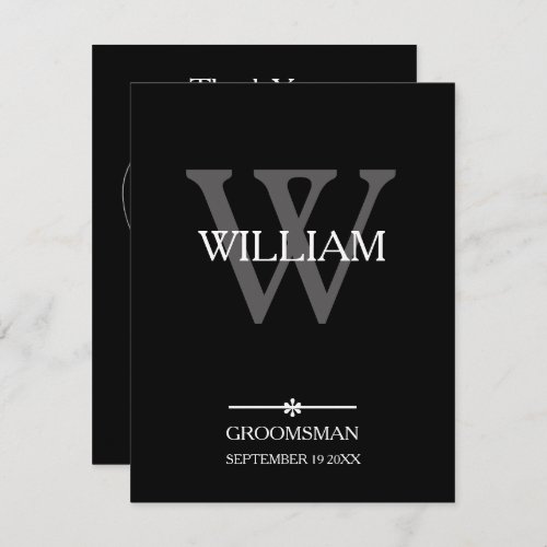 Groomsman Monogram Script Name Classic Cool  Thank You Card