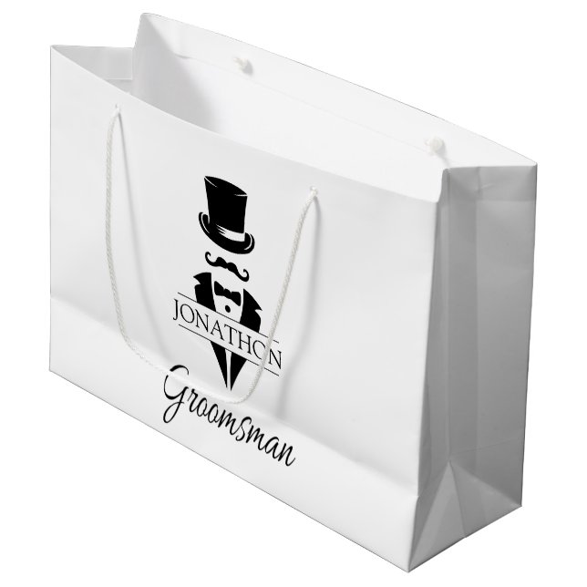Groomsman Name Black Tie Mustache Large Gift Bag (Front Angled)