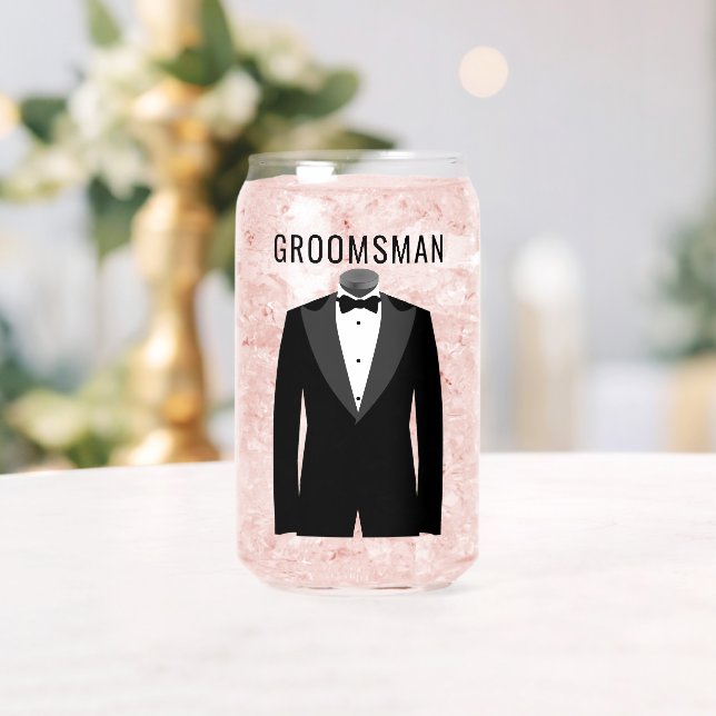 Groomsman Name Black Tuxedo Wedding Date Can Glass (Insitu (Wedding))