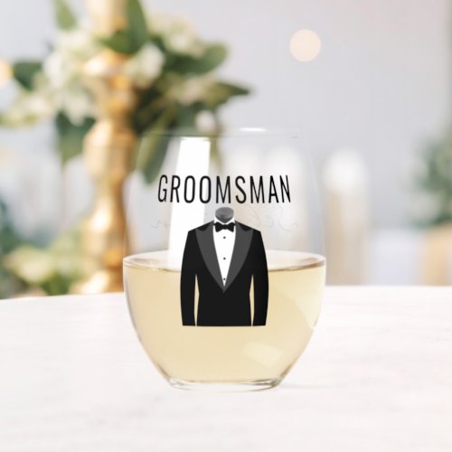 Groomsman Name Black Tuxedo Wedding Date Stemless Wine Glass