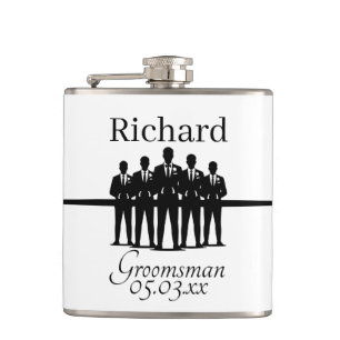 Groomsman Name Date Suit Silhouette Wedding Party Flask