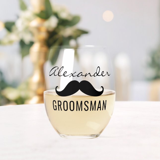 Groomsman Name Mustache Wedding Date Stemless Wine Glass (Insitu (Wedding))