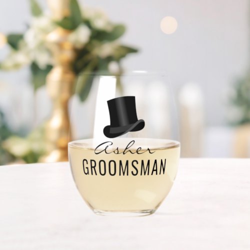 Groomsman Name Top Hat Wedding Date Stemless Wine Glass