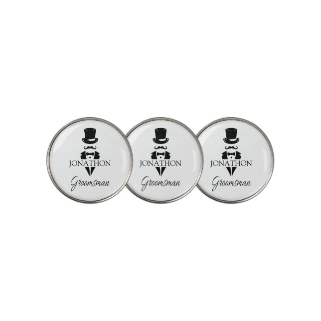 Groomsman Name Tuxedo Silhouette Mustache Golf Ball Marker (3 Up)