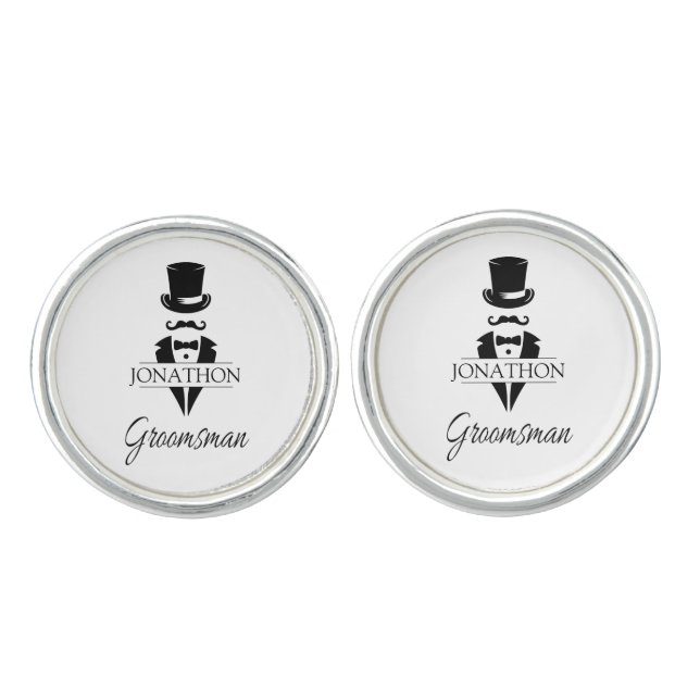 Groomsman Name Tuxedo Top Hat Cufflinks (Front)