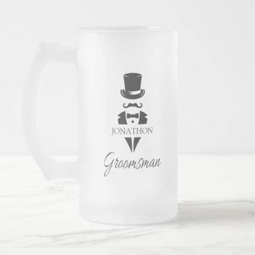 Groomsman Name Tuxedo Top Hat Frosted Glass Beer Mug