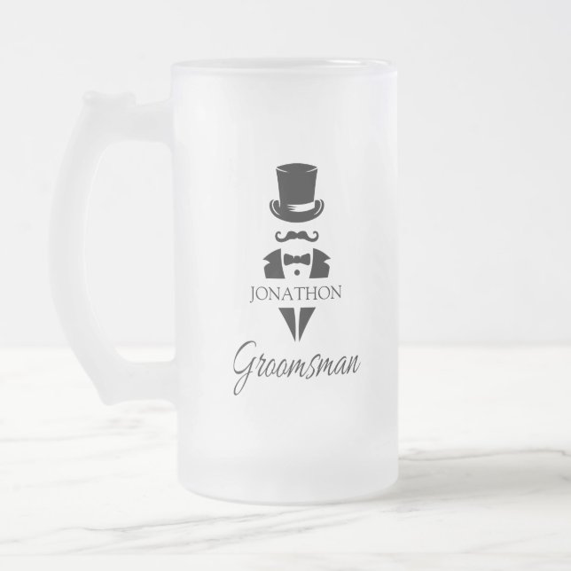 Groomsman Name Tuxedo Top Hat Frosted Glass Beer Mug (Left)