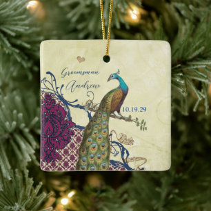 Groomsman Navy & Raspberry Vintage Peacock Ceramic Ornament