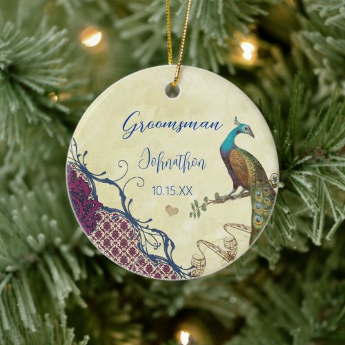 Groomsman Navy  Raspberry Vintage Peacock Ceramic Ornament