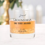 Groomsman on the rocks proposal whiskey glass<br><div class="desc">Whiskey glass featuring the phrase "Groomsman on the rocks" with customizable name of the groomsmen, wedding date, and monograms of the wedding couple. An ideal gift for proposing to your groomsmen to stand by your side on your wedding day. Also, a great addition to your bachelor party for a stylish...</div>