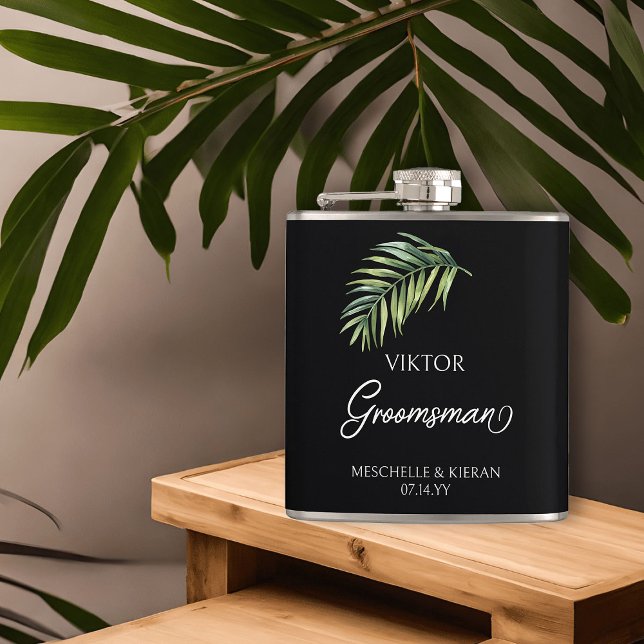 Groomsman Palm Leaf Any Color Hip Flask (Groomsman hip flask with tropical palm leaf and calligraphy)