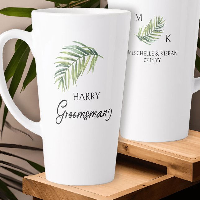 Groomsman Palm Leaf Wedding Party Gift Latte Mug (Groomsman latte mug with tropical palm leaf and calligraphy)