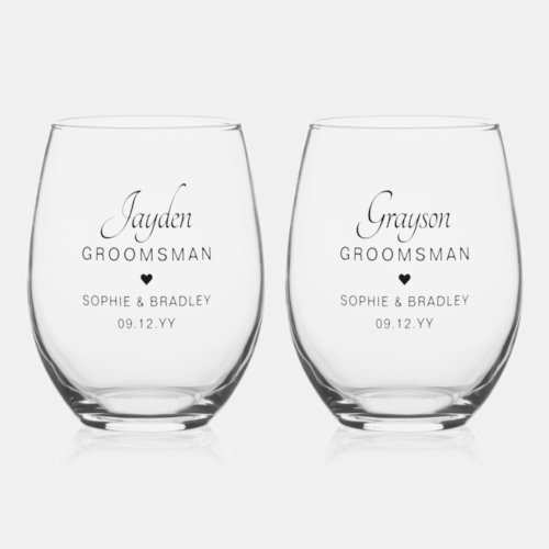 Groomsman Personalised Name Wedding Party Stemless Wine Glass