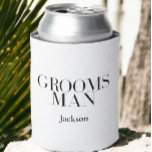 Groomsman Personalized White Black Modern Simple Can Cooler<br><div class="desc">These personalized can coolers are a fantastic way to show your appreciation for your groomsmen and make for a memorable gift. The white design gives them a sophisticated look that is perfect for a wedding. You can personalize the coolers with your groomsmen's names or initials and on the back put...</div>