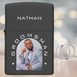 Groomsman Photo Bachelor Party Wedding Zippo Lighter<br><div class="desc">Groomsman lighter with customizable name text and photo. White star shapes on the side and white text.  Perfect for the the groom's wedding party groomsmen and best man.</div>