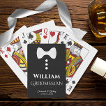 Groomsman Playing Cards Wedding Gift<br><div class="desc">This fun deck of playing cards is designed as a gift for wedding groomsmen. The backs are black with a white bow tie and buttons. The text is white and reads "Groomsman" with a place for his name, the name of the couple and the wedding date. Great gift to thank...</div>