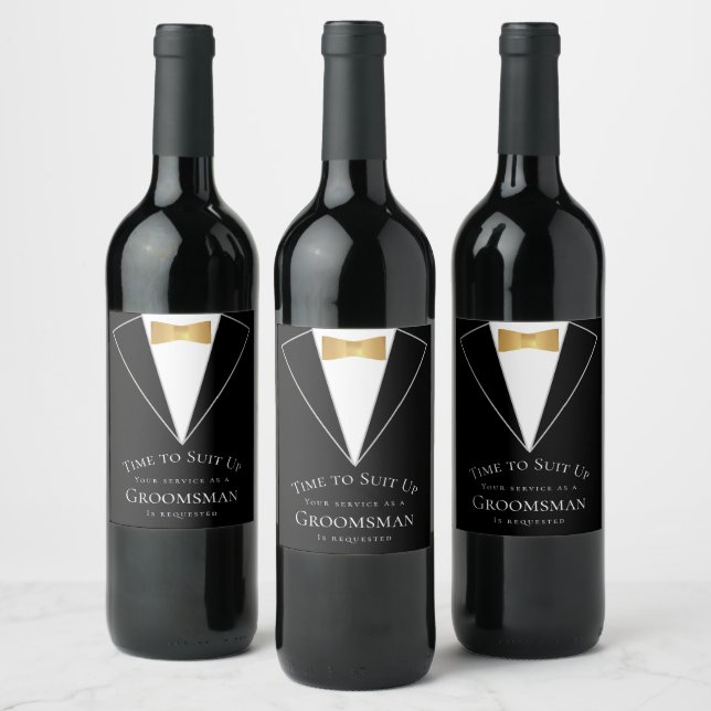 Groomsman Proposal Black Faux Gold Time to Suit Up Wine Label (Bottles)