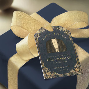 Groomsman Proposal Blue Gold Retro Time to Suit Up Gift Tags