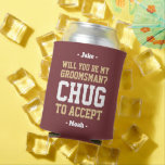 Groomsman Proposal Chug to Accept Burgundy & Gold Can Cooler<br><div class="desc">Get the wedding celebration started in style with a funny personalized groomsman proposal can cooler. The burgundy, gold and white design features stylish modern typography names and a customizable request reading "Will you be my groomsman? Chug to accept". All text is simple to customize or delete and can be different...</div>