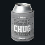 Groomsman Proposal Chug to Accept Funny Faux Wood Can Cooler<br><div class="desc">Get the wedding celebration started in style with a funny personalized groomsman proposal can cooler. Design features a rustic gray faux wood background, stylish modern typography names, and a customizable request reading "Will you be my groomsman? Chug to accept". All text is simple to customize or delete and can be...</div>