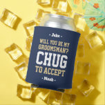 Groomsman Proposal Chug to Accept Navy Gold White Can Cooler<br><div class="desc">Get the wedding celebration started in style with a funny personalized groomsman proposal can cooler. The navy blue, gold and white design features stylish modern typography names and a customizable request reading "Will you be my groomsman? Chug to accept". All text is simple to customize or delete and can be...</div>