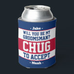 Groomsman Proposal Chug to Accept Red White & Blue Can Cooler<br><div class="desc">Get the wedding celebration started in style with a funny personalized groomsman proposal can cooler. The patriotic red, white and blue design features stylish modern typography names and a customizable request reading "Will you be my groomsman? Chug to accept". All text is simple to customize or delete and can be...</div>