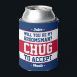 Groomsman Proposal Chug to Accept Red White & Blue Can Cooler<br><div class="desc">Get the wedding celebration started in style with a funny personalized groomsman proposal can cooler. The patriotic red, white and blue design features stylish modern typography names and a customizable request reading "Will you be my groomsman? Chug to accept". All text is simple to customize or delete and can be...</div>