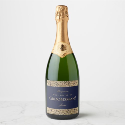 Groomsman Proposal Elegant Navy Blue Gold Roses Sparkling Wine Label