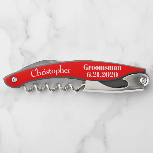 Groomsman Red Black Wedding Favor Corkscrews (Back)
