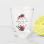 Groomsman Red Rose Wedding Date Monogrammed Shot Glass<br><div class="desc">Personalized shot glass for you to customize with your groomsman's monogram, the bride and groom's intials and the wedding date. The design features red roses, eucalyptus and greenery on a gold geometric diamond shaped frame. A lovely wedding keepsake gift for your wedding party. Please browse my store for bridesmaids, maid...</div>