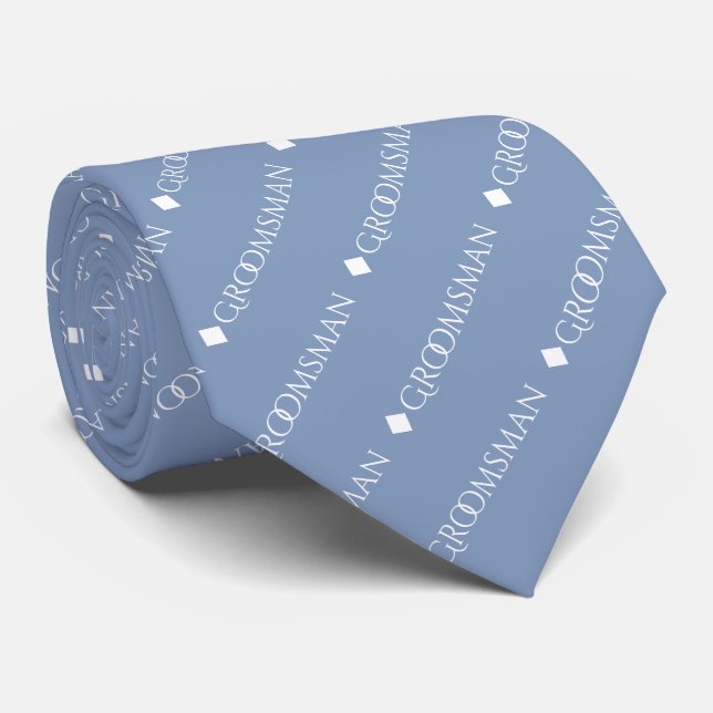 Groomsman Repeating White Text on Light Blue Neck Tie (Rolled)
