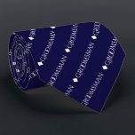 Groomsman Repeating White Text on Navy Blue Neck Tie<br><div class="desc">This fun neck tie is the perfect accessory for the groomsmen at your wedding. It features a simple yet elegant design with the word "groomsman" written in fancy all capital white text repeating in a diagonal pattern on a navy blue background. Perfect way to add a bit of class to...</div>