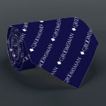 Groomsman Repeating White Text on Navy Blue Neck Tie<br><div class="desc">This fun neck tie is the perfect accessory for the groomsmen at your wedding. It features a simple yet elegant design with the word "groomsman" written in fancy all capital white text repeating in a diagonal pattern on a navy blue background. Perfect way to add a bit of class to...</div>