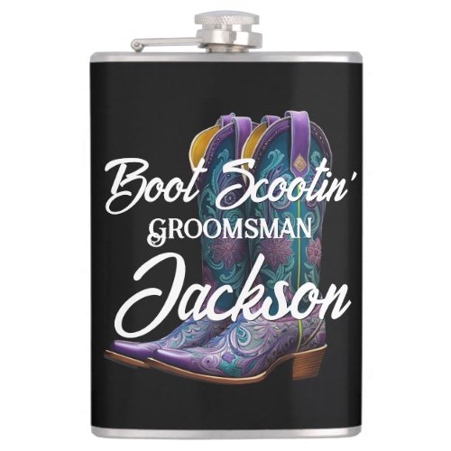 Groomsman Scootin Cowboy Boots Black Flask