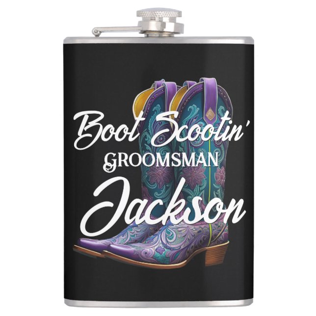Groomsman Scootin' Cowboy Boots Black Flask (Front)