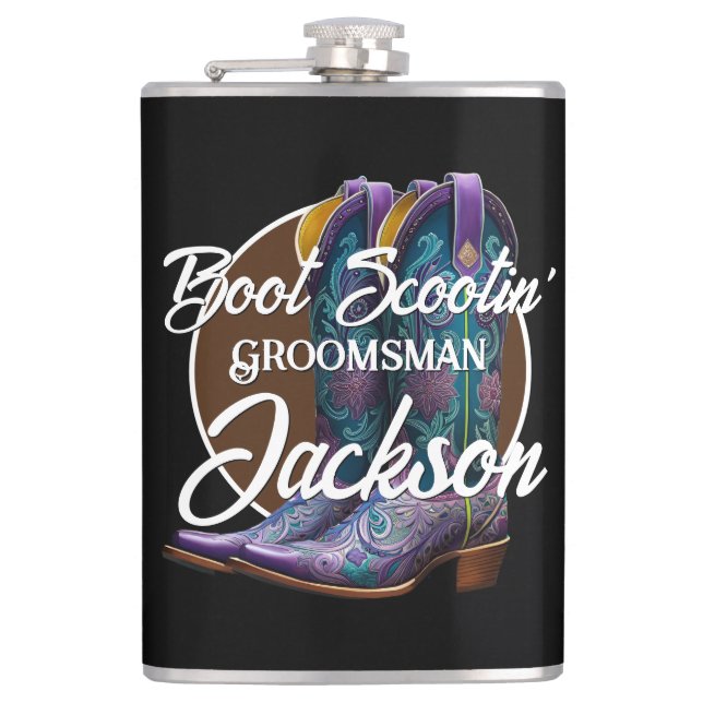 Groomsman Scootin' Cowboy Boots Black Flask (Front)