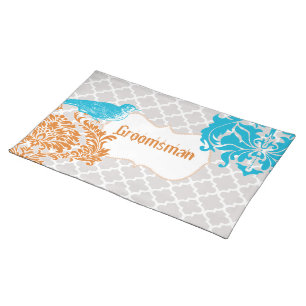 Groomsman Sea Blue Vintage Bird Coral and Gray Placemat