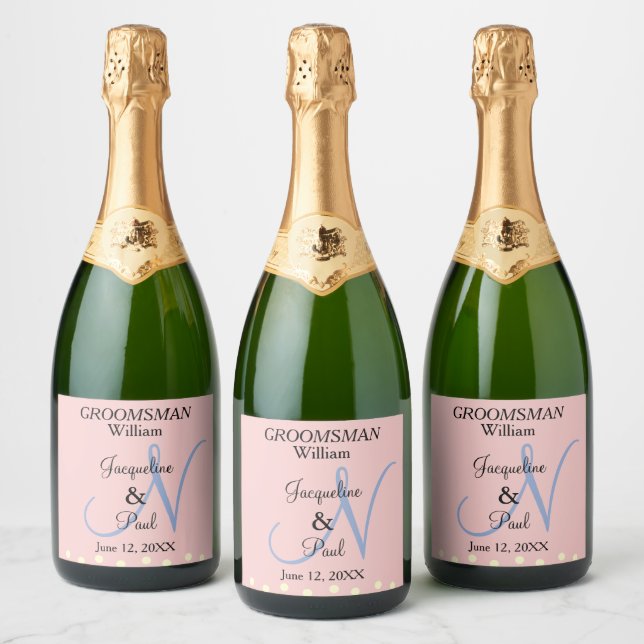 Groomsman Soft Rose Blue Monogram Sparkling Wine Label (Bottles)
