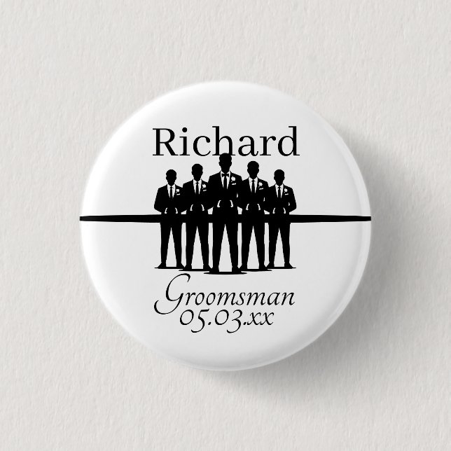 Groomsman Squad Silhouette Wedding Party Name Date Button (Front)