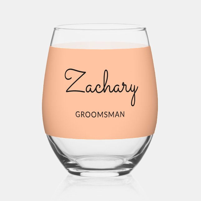 Groomsman Stylish Peach Minimalist Personalized Stemless Wine Glass (Front)