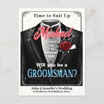Groomsman Tuxedo Invitation Suit Up Postcard by GlitterInvitations at Zazzle